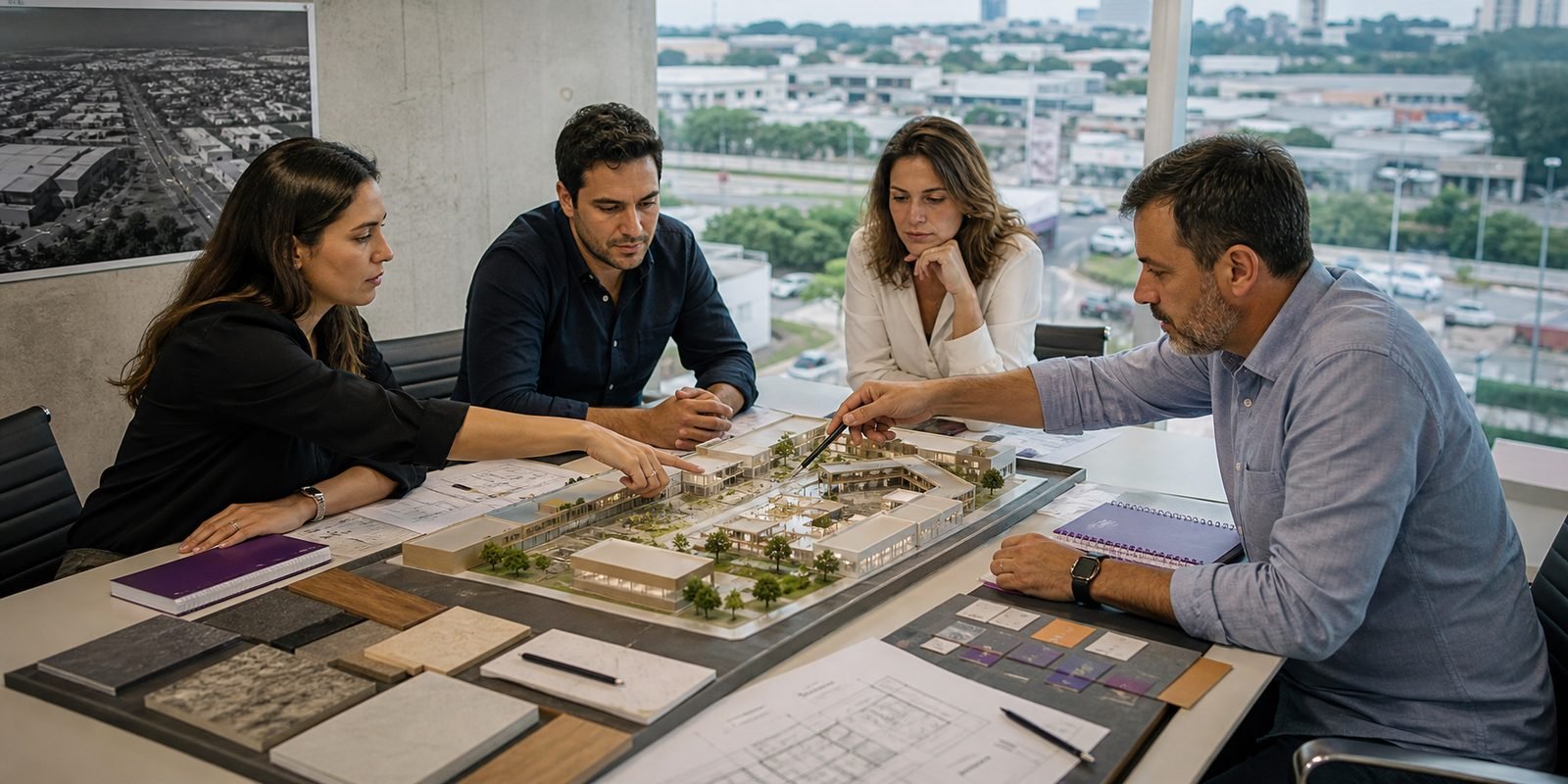Equipe integrando estratégia comercial, arquitetura, investimento e operação