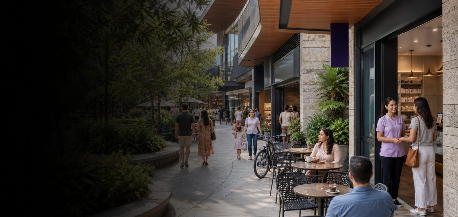 Open mall ativo com lojas complementares, serviços e circulação de clientes