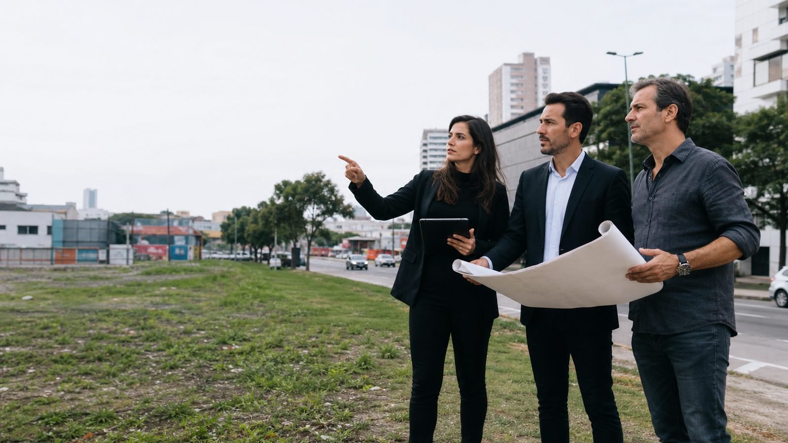 Proprietário e especialistas avaliando o potencial comercial de um terreno urbano