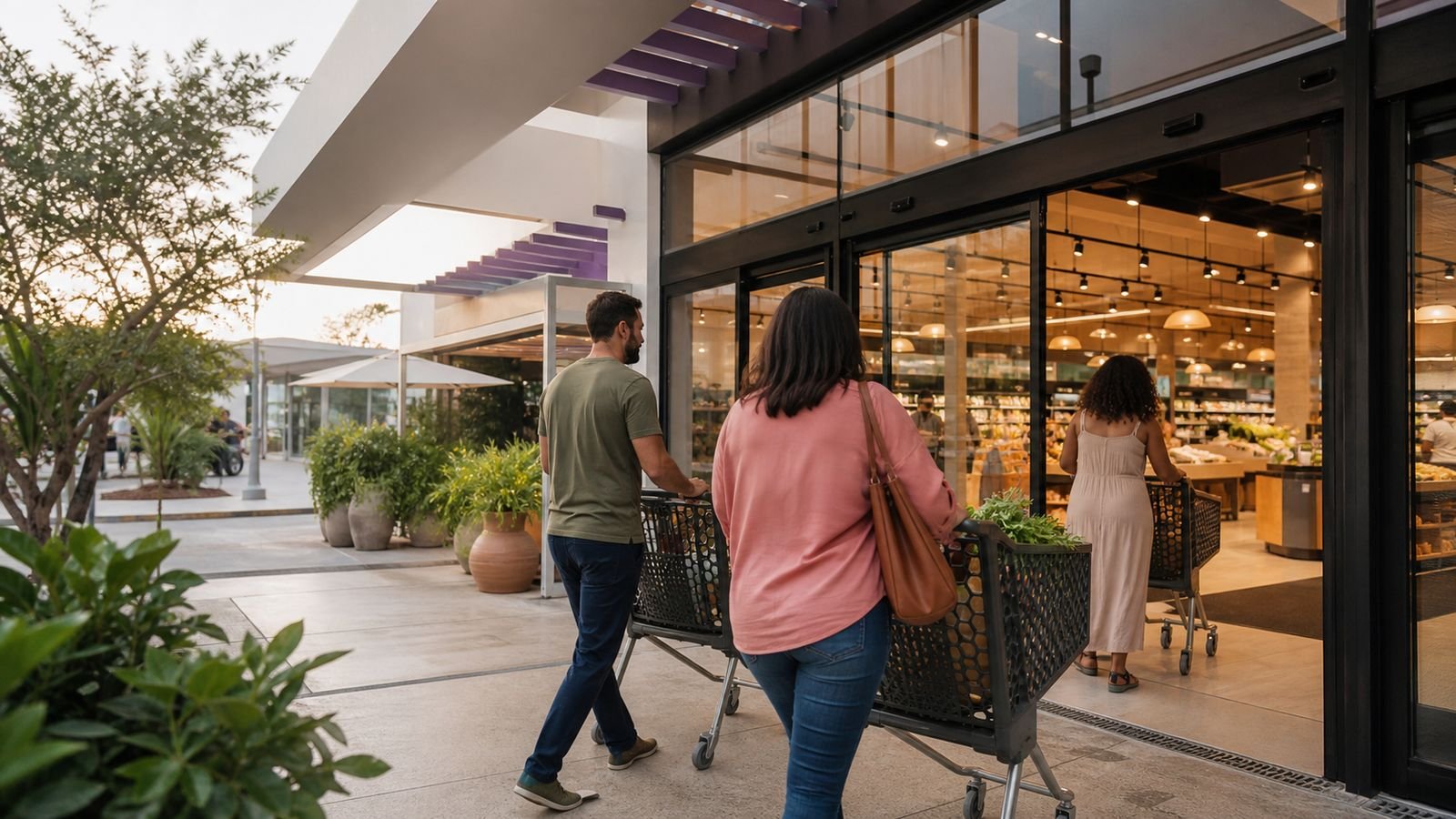 Pessoas entrando com carrinhos em um supermercado integrado a um open mall