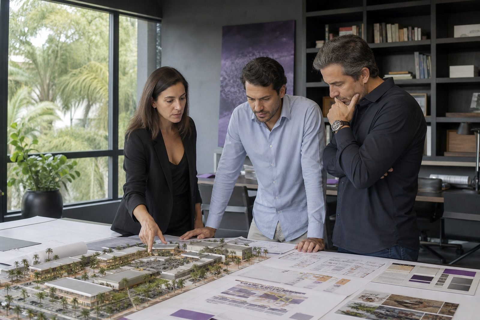 Profissionais avaliando a maquete e as plantas de um open mall